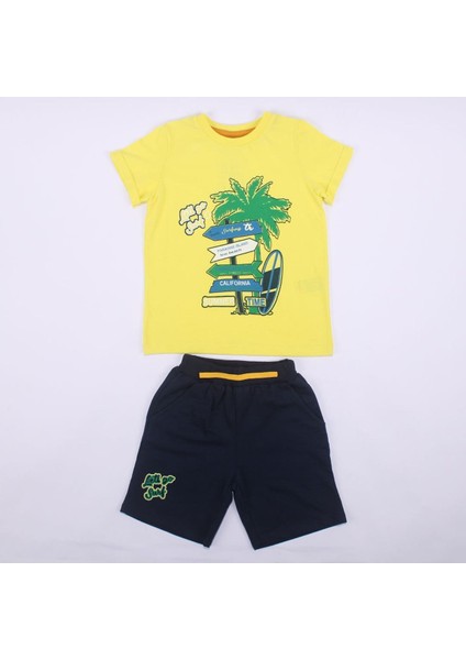 Erkek Çocuk Sarı Lacivert Summer Time Yazılı Tabela Baskılı Şortlu 2'li Takım