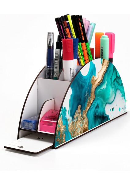 Ahşap Vip Desen Serisi Gökkuşağı Cetvelli Masaüstü Kalemlik Organizer Montajlı Kutulu