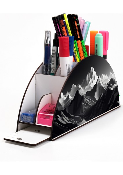 Ahşap Vip Dağ Serisi Gökkuşağı Cetvelli Masaüstü Kalemlik Organizer Montajlı Kutulu