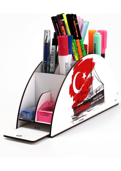 Ahşap Vip Özel Günler Serisi Gökkuşağı Cetvelli Masaüstü Kalemlik Organizer Montajlı Kutulu
