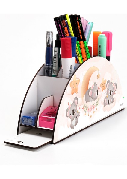 Ahşap Vip Canlılar Gökkuşağı Cetvelli Masaüstü Kalemlik Organizer Montajlı Kutulu