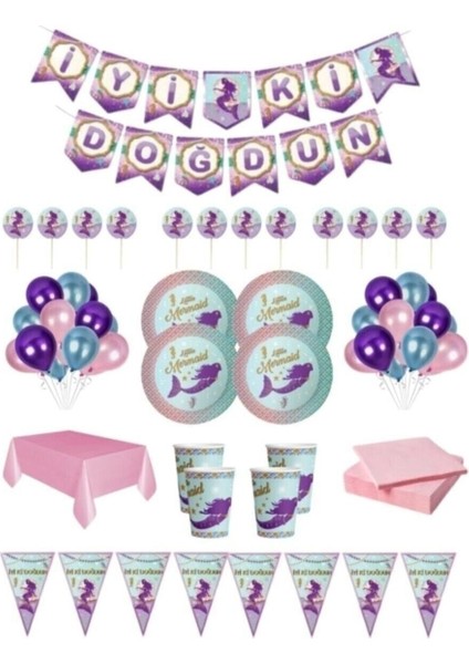 Mini Partystore 8 Kişilik Deniz Kızı Doğum Günü Seti