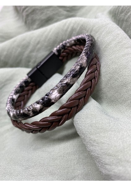 Erkek Deri Bileklik Kahverengi Renk Manyetik Toka