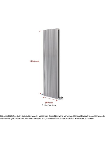 1200 x 395 mm Amber Dikey Gümüş Gri Alüminyum Radyatör Standart Bağlantı