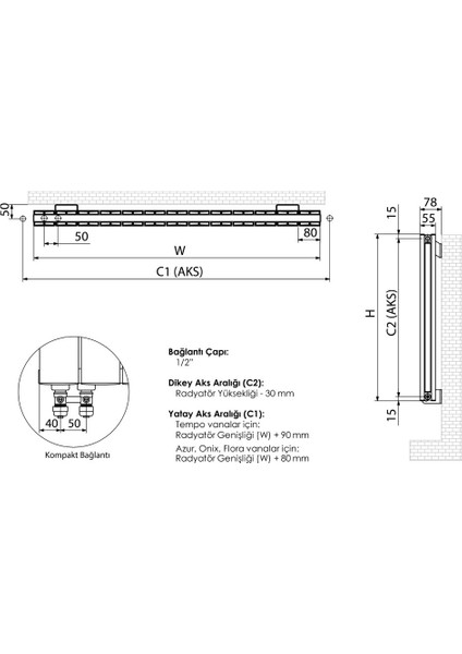 1200 x 395 mm Amber Dikey Gümüş Gri Alüminyum Radyatör Standart Bağlantı