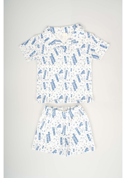 Erkek Bebek Yaka Modelli Desenli Pamuk Şortlu Takım