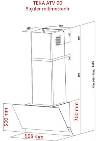 Atv 90 Duvara Monte Eğimli Davlumbaz, Beyaz Cam, 90 Cm, 400 M3, Dokunmatik Panel