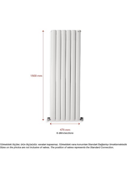 1500 x 475 mm Lilac Dikey Beyaz Alüminyum Radyatör Standart Bağlantı fiyatları