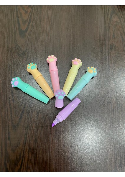 6'lı Pati Şekilli Pastel Renk Çantalı Mini Fosforlu Kalem