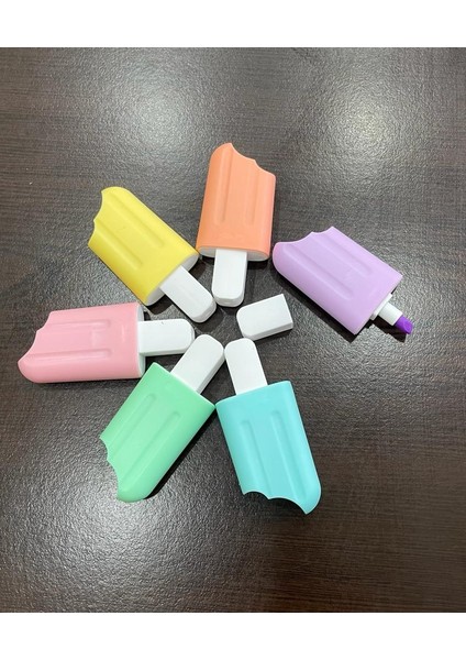 6'lı Dondurma Şekilli Pastel Renk Çantalı Mini Fosforlu Kalem