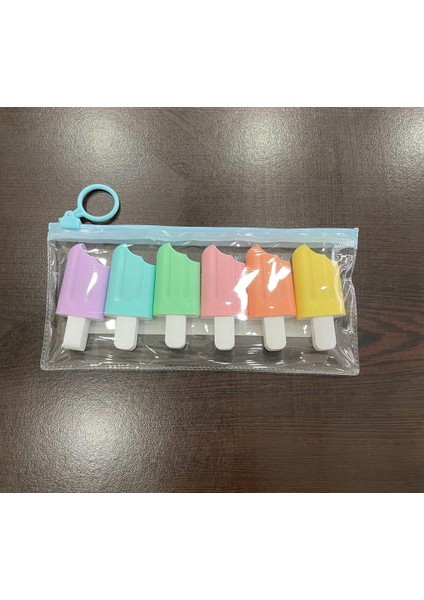 6'lı Dondurma Şekilli Pastel Renk Çantalı Mini Fosforlu Kalem