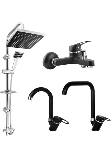 Siyah Krom 4'lü Set Lavabo-Banyo-Mutfak- Robot Duş Seti