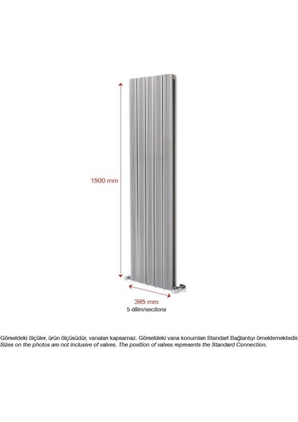 1500 x 395 mm Amber Dikey Gümüş Gri Alüminyum Radyatör Standart Bağlantı