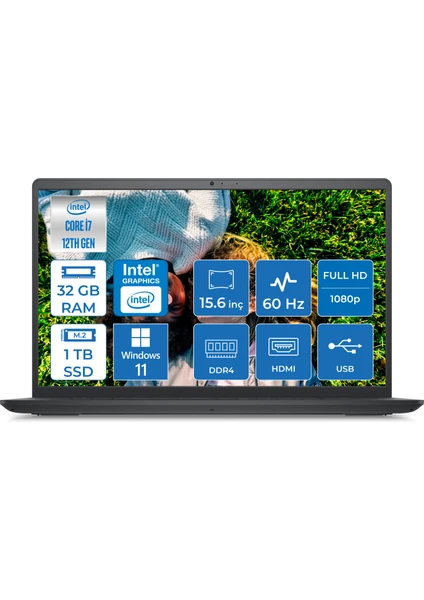 Inspiron 3520 Intel Core i7 1255U 32GB 1TB SSD Windows 11 Home 15.6" FHD Taşınabilir Bilgisayar I35201013U014