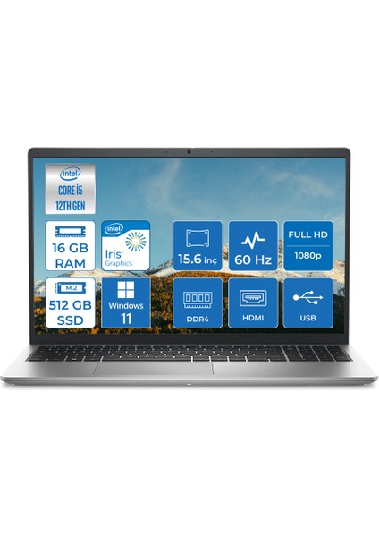 Inspiron 3520 Intel Core i5 1235U 16GB 512GB SSD Windows 11 Pro 15.6" FHD Taşınabilir Bilgisayar I35201012U003