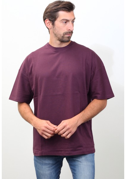 Basic Sırt Baskılı Oversize Mor T-Shirt