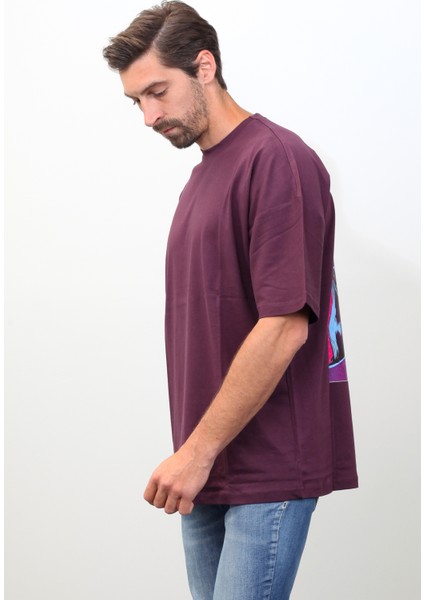 Basic Sırt Baskılı Oversize Mor T-Shirt