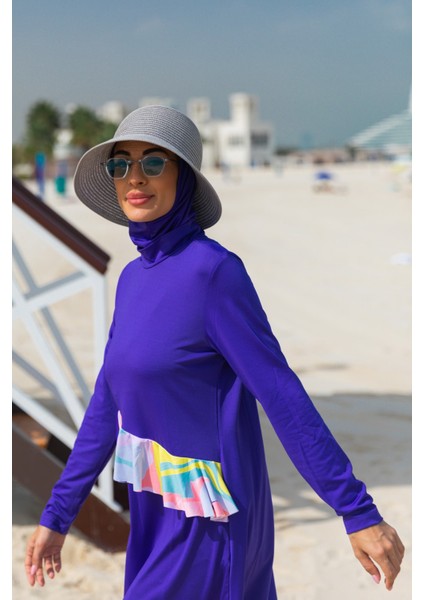 Çiçekli Mor Tam Kapalı Tesettür Mayo M2321