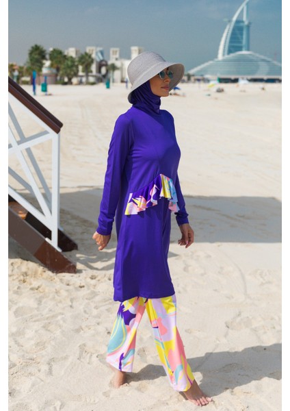 Çiçekli Mor Tam Kapalı Tesettür Mayo M2321 fiyatları