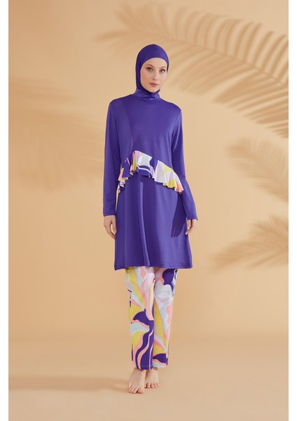 Çiçekli Mor Tam Kapalı Tesettür Mayo M2321 modelleri