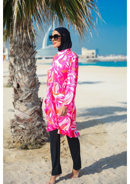 Desenli Fuşya Tam Kapalı Tesettür Mayo M2322 fiyatları