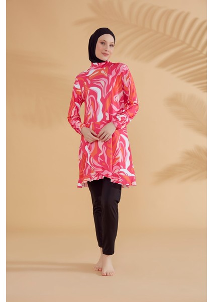 Desenli Fuşya Tam Kapalı Tesettür Mayo M2322 indirimleri