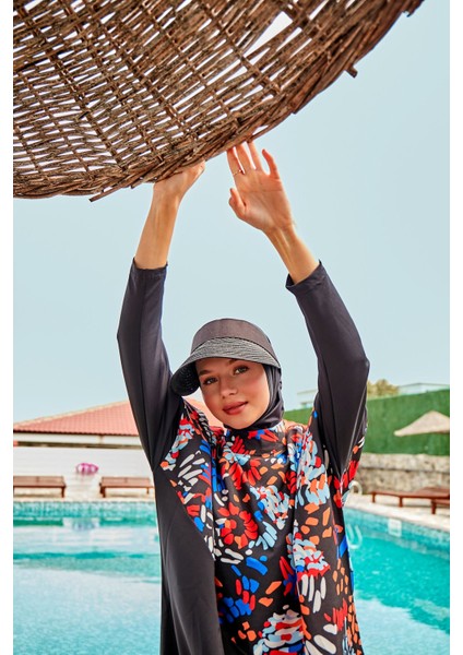 Paraşüt Çiçekli Siyah Tam Kapalı Tesettür Mayo M2313