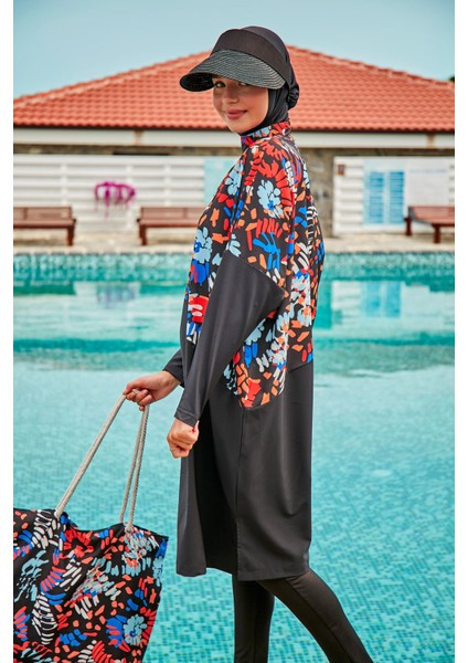 Paraşüt Çiçekli Siyah Tam Kapalı Tesettür Mayo M2313 fiyatları