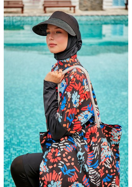 Paraşüt Çiçekli Siyah Tam Kapalı Tesettür Mayo M2313 modelleri