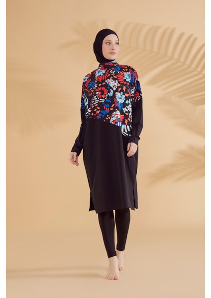 Paraşüt Çiçekli Siyah Tam Kapalı Tesettür Mayo M2313 fırsatları