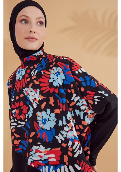 Paraşüt Çiçekli Siyah Tam Kapalı Tesettür Mayo M2313 indirimleri