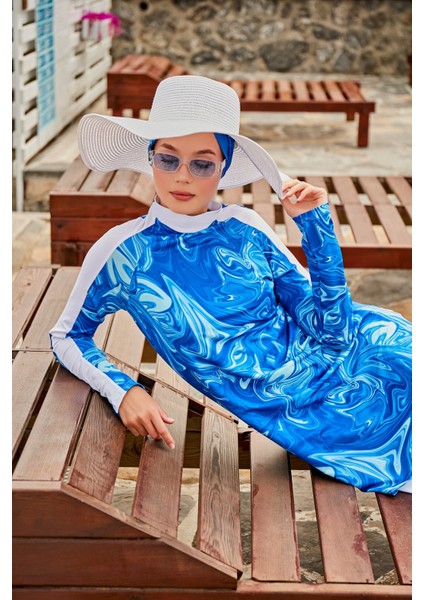 Ebru Desenli Mavi Tam Kapalı Tesettür Mayo M2304
