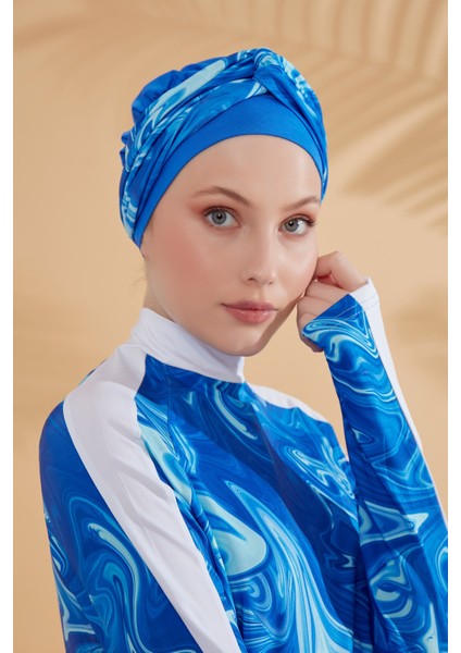 Ebru Desenli Mavi Tam Kapalı Tesettür Mayo M2304