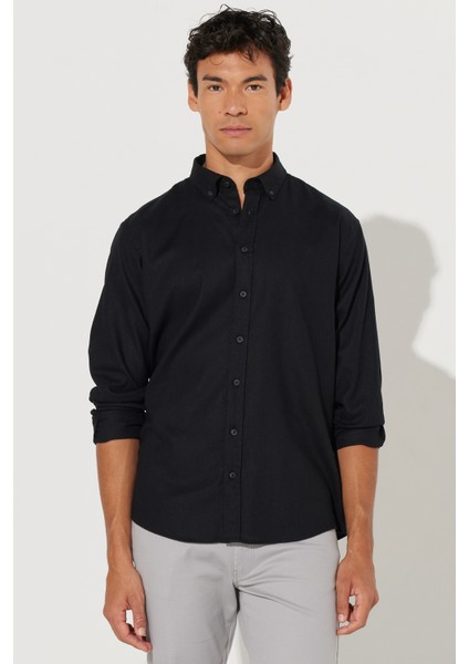 ALTINYILDIZ CLASSICS Erkek Siyah Comfort Fit Rahat Kesim Düğmeli Yaka Keten Gömlek fırsatları