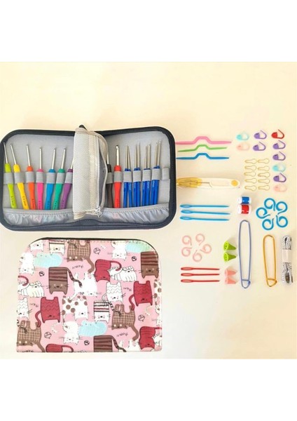 Örgü Tığ Seti ve Örgü Malzemeleri Seti Pembe Kedi Desenli Çantalı Zengin İçerik