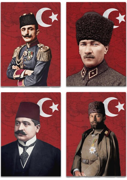 Ittihat Terakki Paşaları Kanvas Tablo Seti 4'lü 40X55CM Mustafa Kemal Paşa Enver Paşa Talat Paşa Cemal Paşa