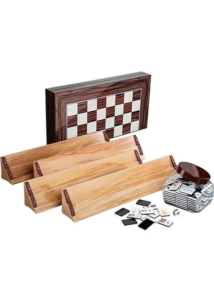Takımı Ahşap Istaka Siyah Beyaz Taş + Ahşap Pullu Tavla Set