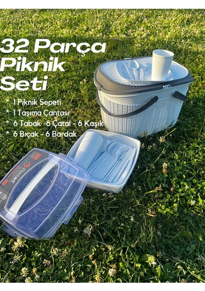 32 Parça Piknik Seti ( Sepet + Çantalı Bardak,çatal,kaşık,bıçak,tabak Seti ) | 32 Piece Picnic Set