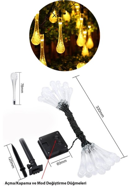 Solar Güneş Enerjili 30 LED Işıklı Su Damlası Dekorasyon Bahçe Aydınlatması (Sarı Işık) indirimleri
