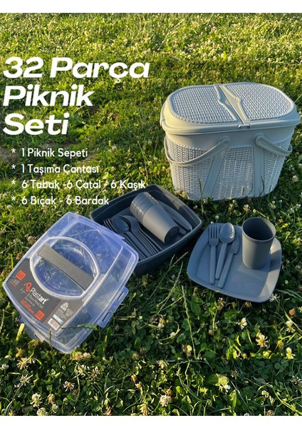 32 Parça Piknik Seti ( Sepet + Çantalı Bardak,çatal,kaşık,bıçak,tabak Seti ) | 32 Piece Picnic Set