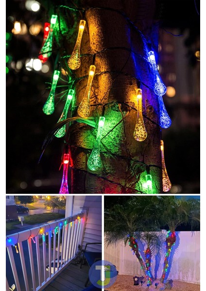 Solar Güneş Enerjili 50 LED Işıklı Su Damlası Dekorasyon Bahçe Aydınlatması (Renkli Işık)