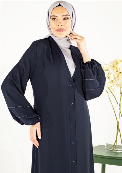 V Yaka Kolları Şerit Taş Detaylı Lacivert Tesettür Abaya 3429