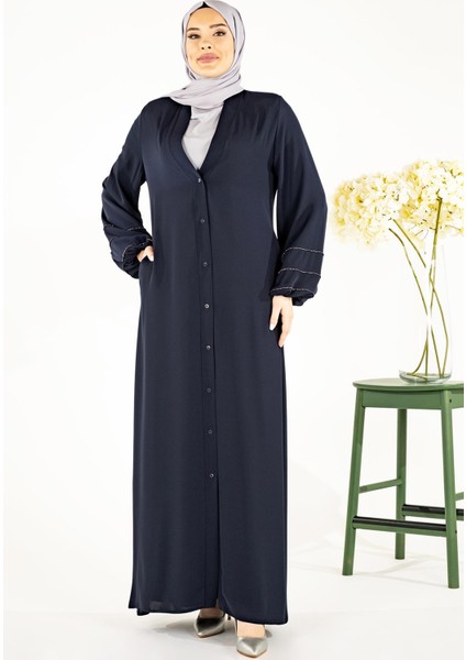 V Yaka Kolları Şerit Taş Detaylı Lacivert Tesettür Abaya 3429 fiyatları