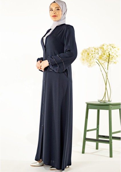 V Yaka Kolları Şerit Taş Detaylı Lacivert Tesettür Abaya 3429 modelleri