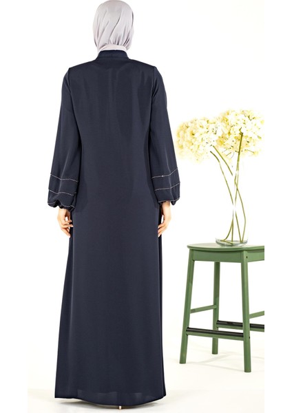 V Yaka Kolları Şerit Taş Detaylı Lacivert Tesettür Abaya 3429 fırsatları