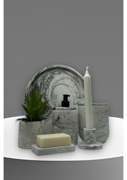 Marble Seri Beton Banyo Seti Sıvı Sabunluk ve Yapay Sukulent