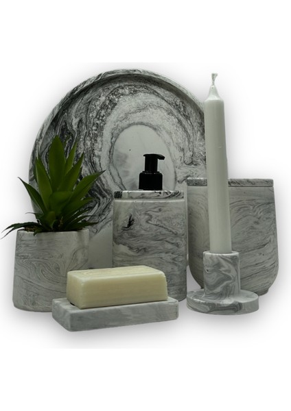 Marble Seri Beton Banyo Seti Sıvı Sabunluk ve Yapay Sukulent modelleri