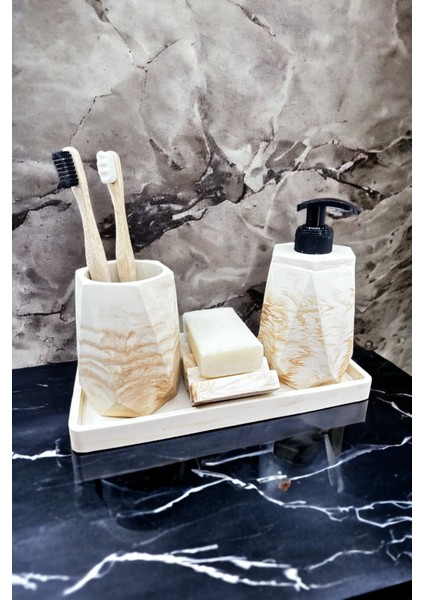 Beton Banyo Seti Bej Renkli 4 Parça Kırılmaya Dayanıklı Modern Tasarım