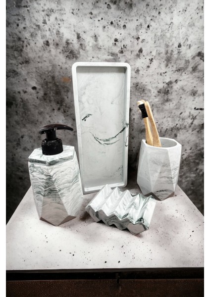 Yeşil Beton Banyo Seti Şık Tasarım ve Suya Dayanıklı 4 Parça Aksesuar