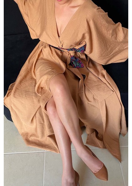 Kadın Bej Keten Kruvaze Kimono
